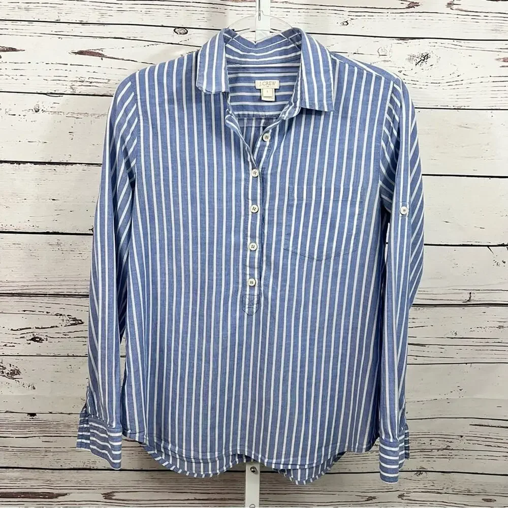 J. Crew Blue and White Striped Button Front Long Sleeve Shirt Size Small